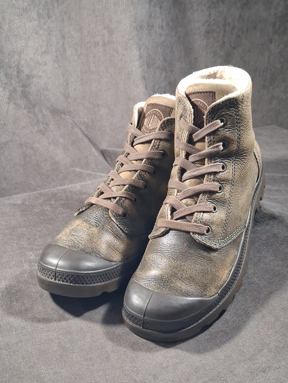 Palladium Pampa Hi Stone Brown Tan Leather with Shearling Liner Boots F US 9